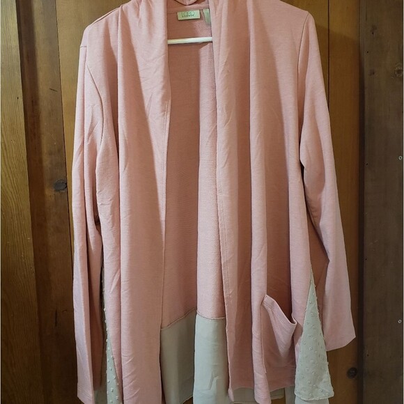 LOGO Lounge Pink Open Front Cardigan with Chiffon Swiss Dots Women's Large - Picture 1 of 7